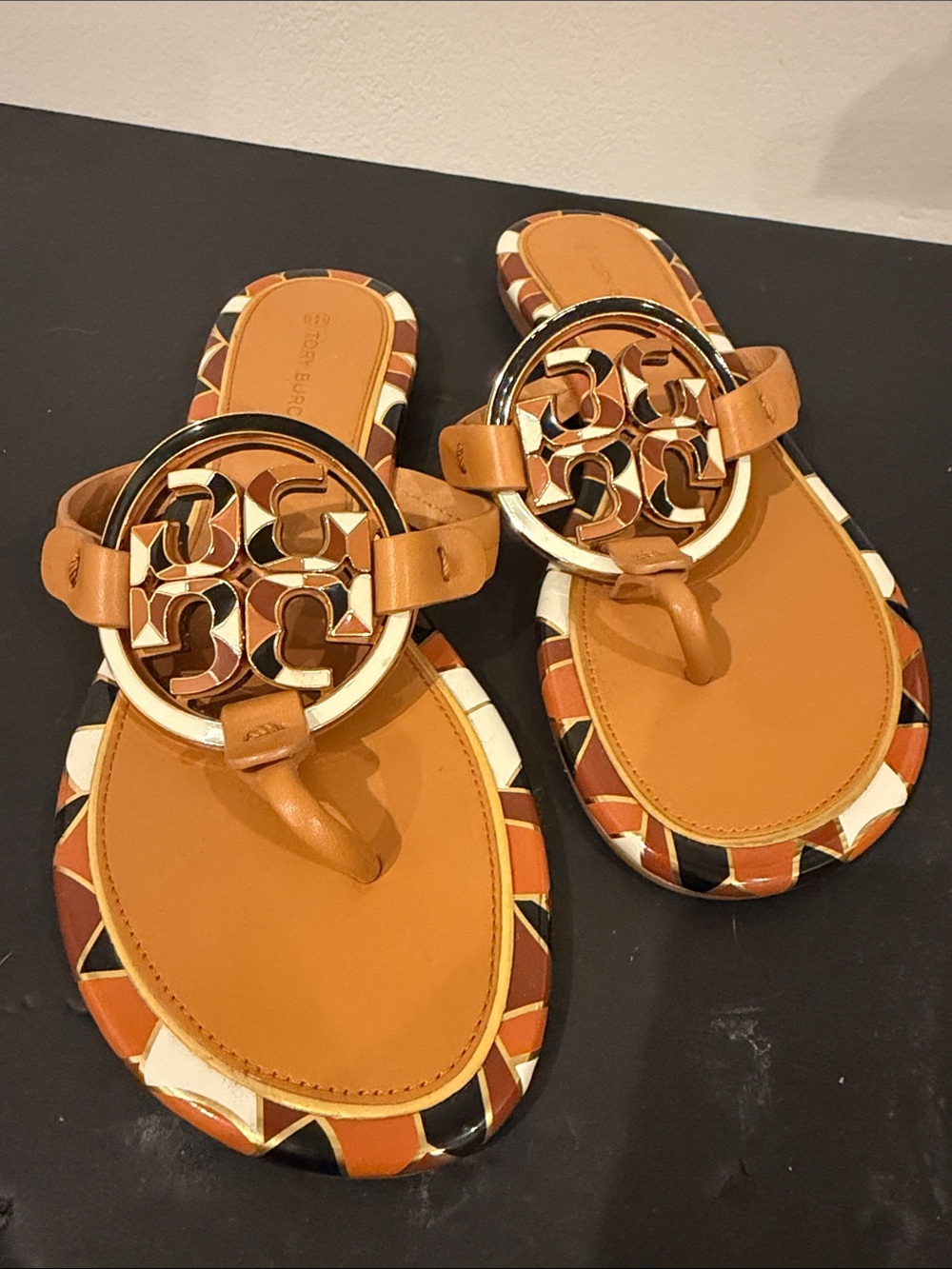 Tory Burch Tan Leather Logo Thong Sandals with Multicolor Trim